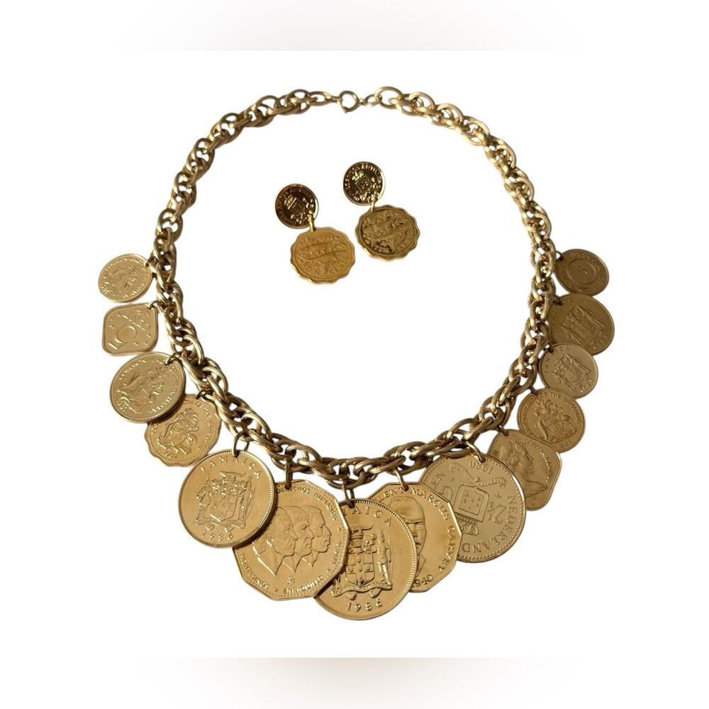 Franklin Mint 24K Gold Plated Caribbean Coin Charm Necklace Set